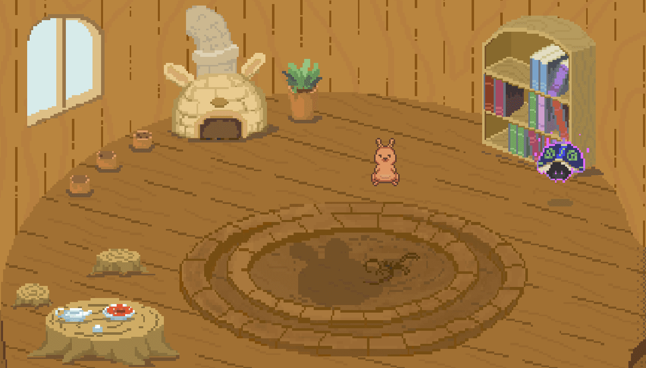 KangaCode 遊戲實際畫面,像素風場景中袋鼠 Kanga 站在小屋裡