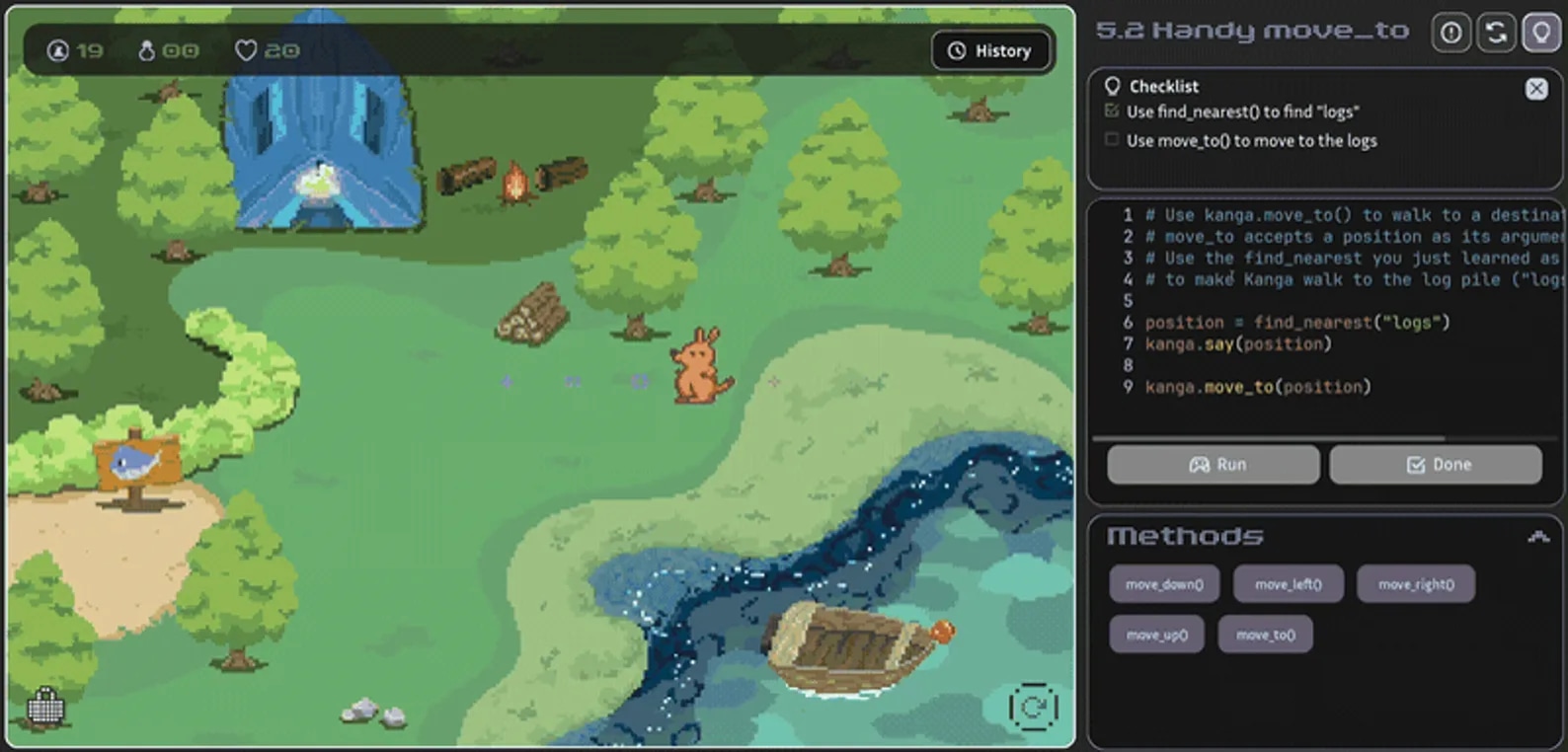 KangaCode challenge view: the game world on the left, a Python editor on the right