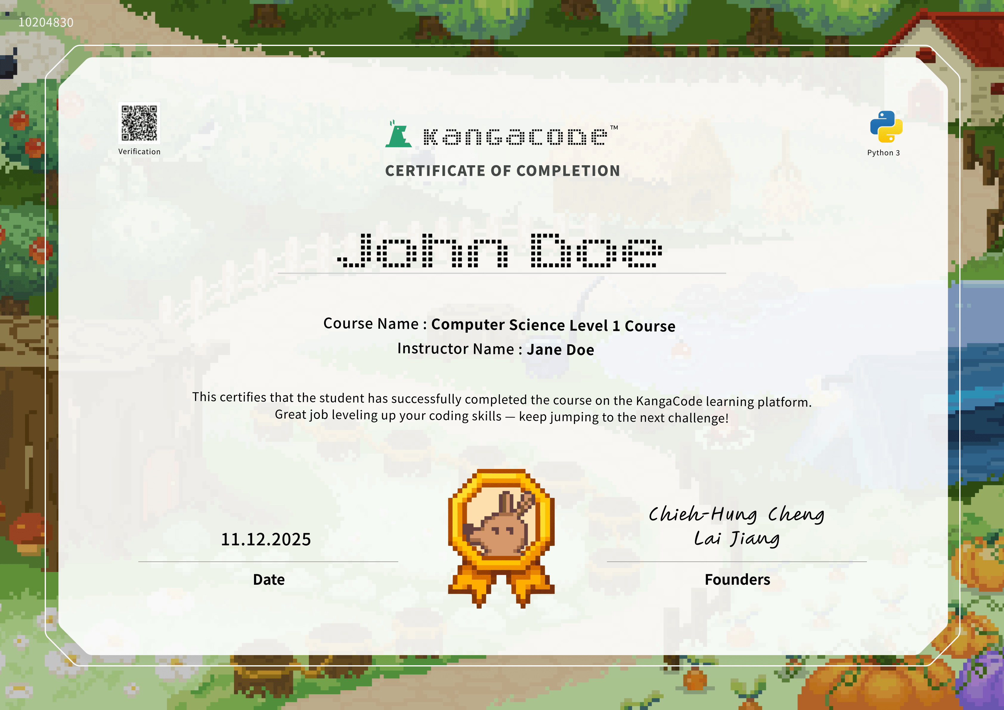 Certificate of completion, verifiable online